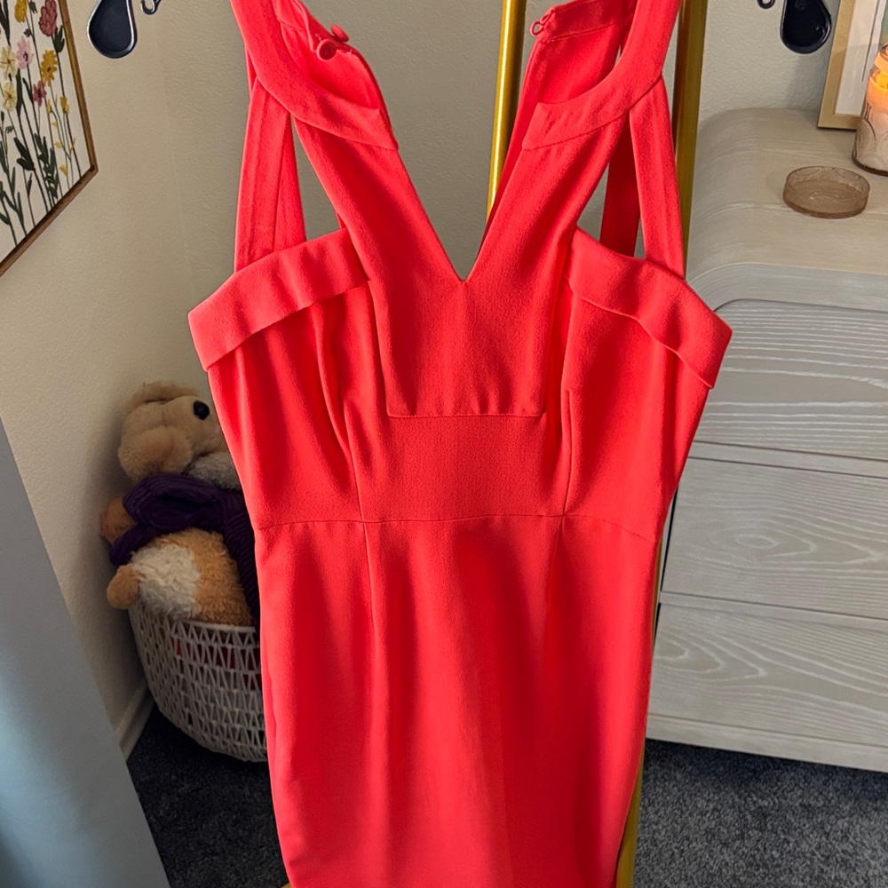 BCBGMaxAzria Coral-Red V-Neck Midi Dress